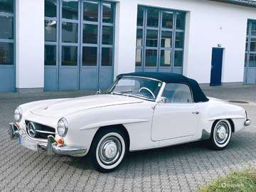 SL -1959-Besonders schönes Mercedes Cabriolet in der äußerst seltenen Farbe weiß mit Leder blau
