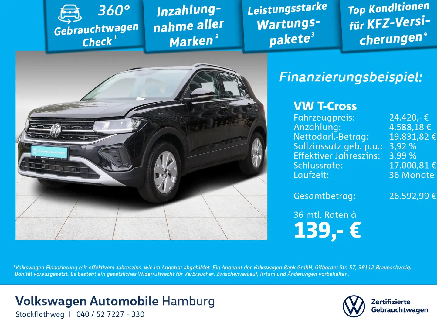 Volkswagen T-Cross 1.0 TSI Life DSG AHK Navi ACC CarPlay Schwarz - 1