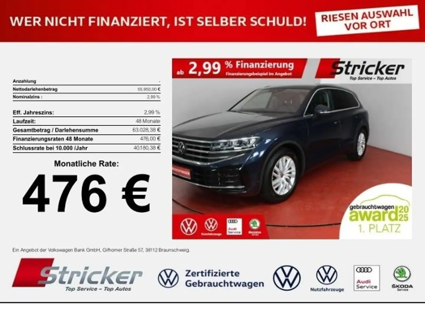 Volkswagen Touareg Elegance 3.0TDI 476,-ohne Anzahlung AHK Luft App- Blau - 1
