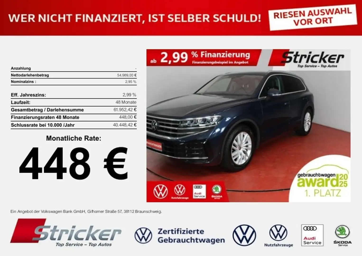 Volkswagen Touareg Elegance 3.0TDI 448,-ohne Anzahlung AHK Luft App- Blau - 1
