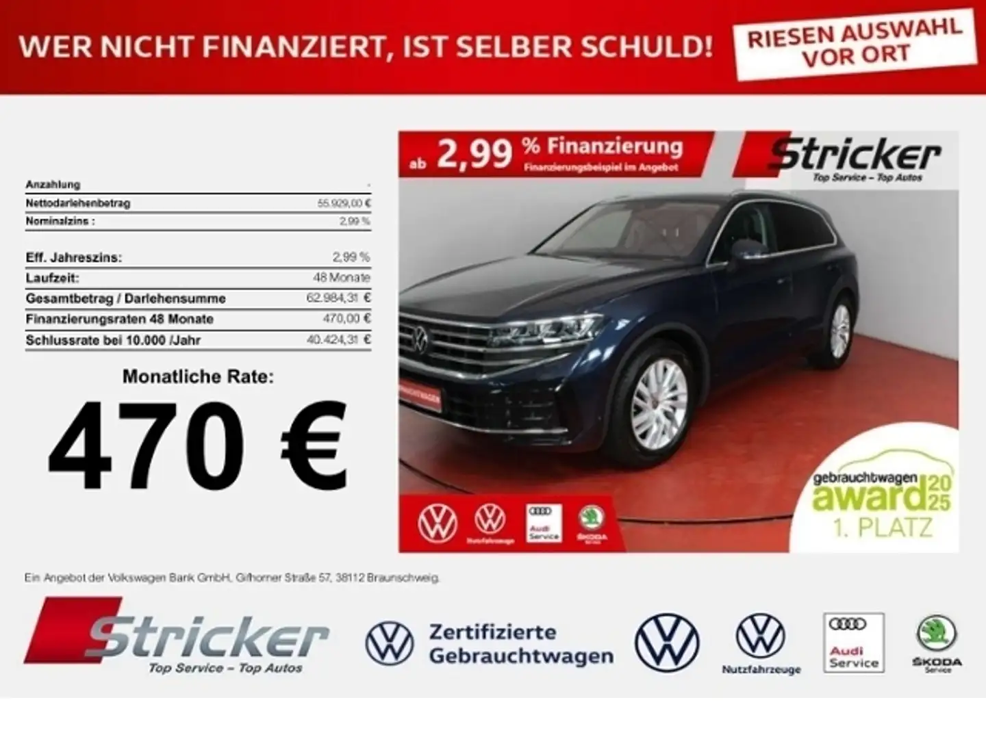 Volkswagen Touareg Elegance 3.0TDI 470,-ohne Anzahlung AHK Luft App- Blau - 1