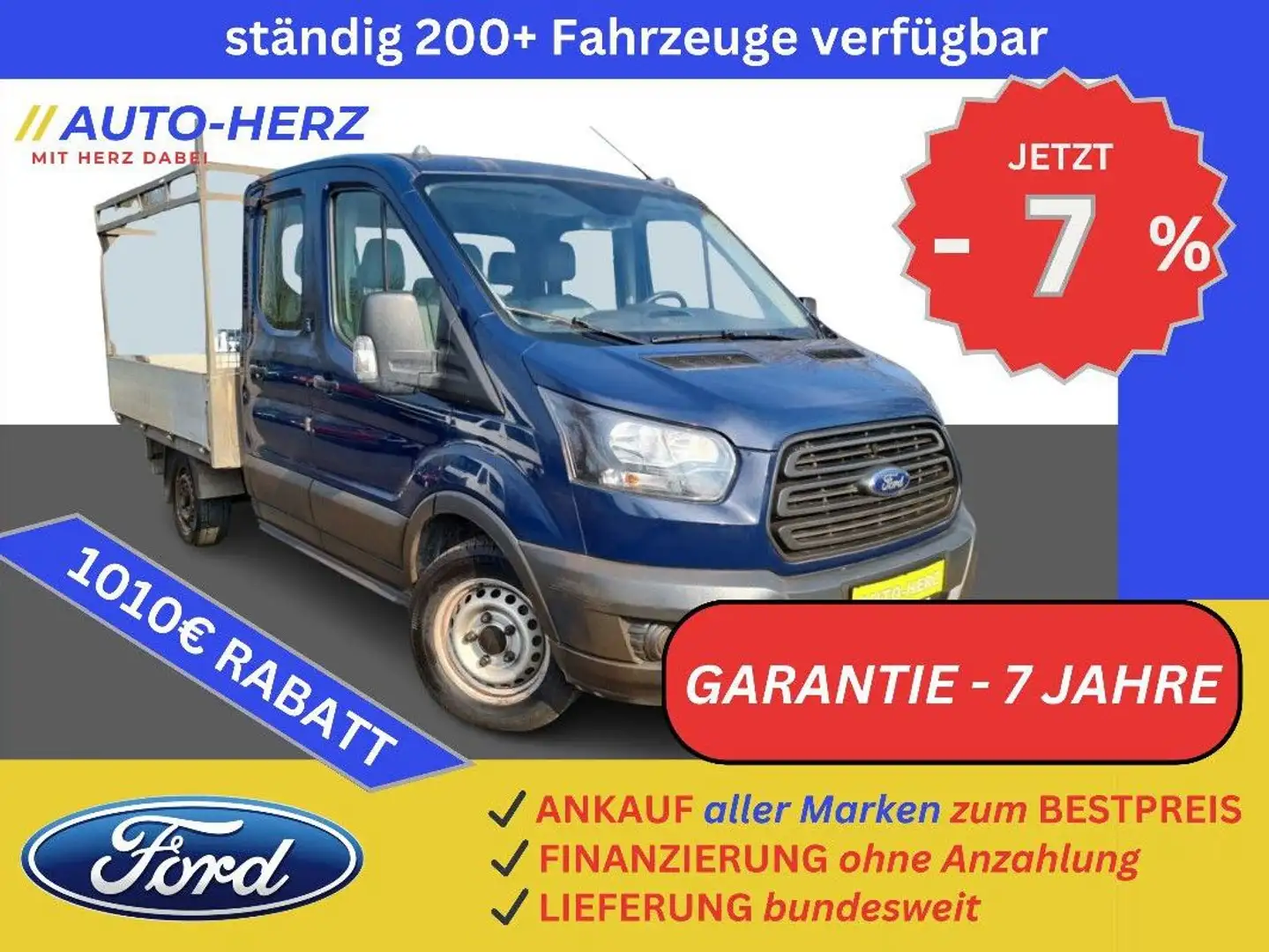 Ford Transit Pritsche L2 LANG Doka 7-Sitz+AHK+PDC Blau - 1
