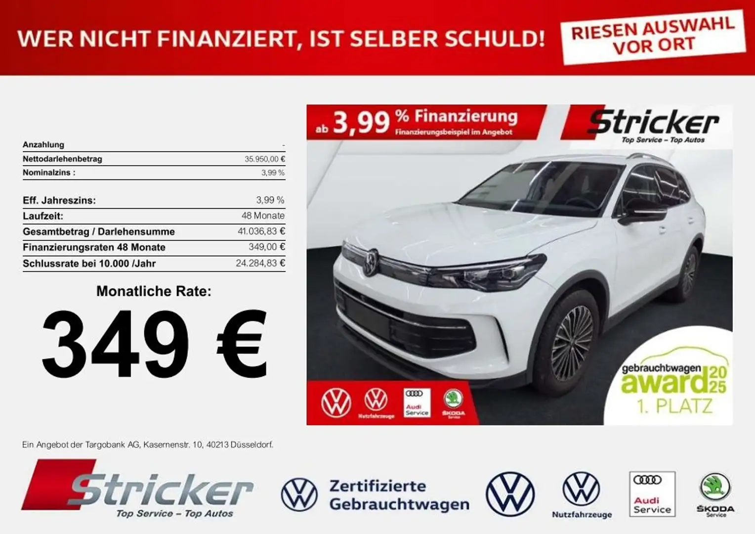 Volkswagen Tiguan Goal 2.0TDI DSG 349,-ohne Anzahlung Navi AHK Kame Weiß - 2
