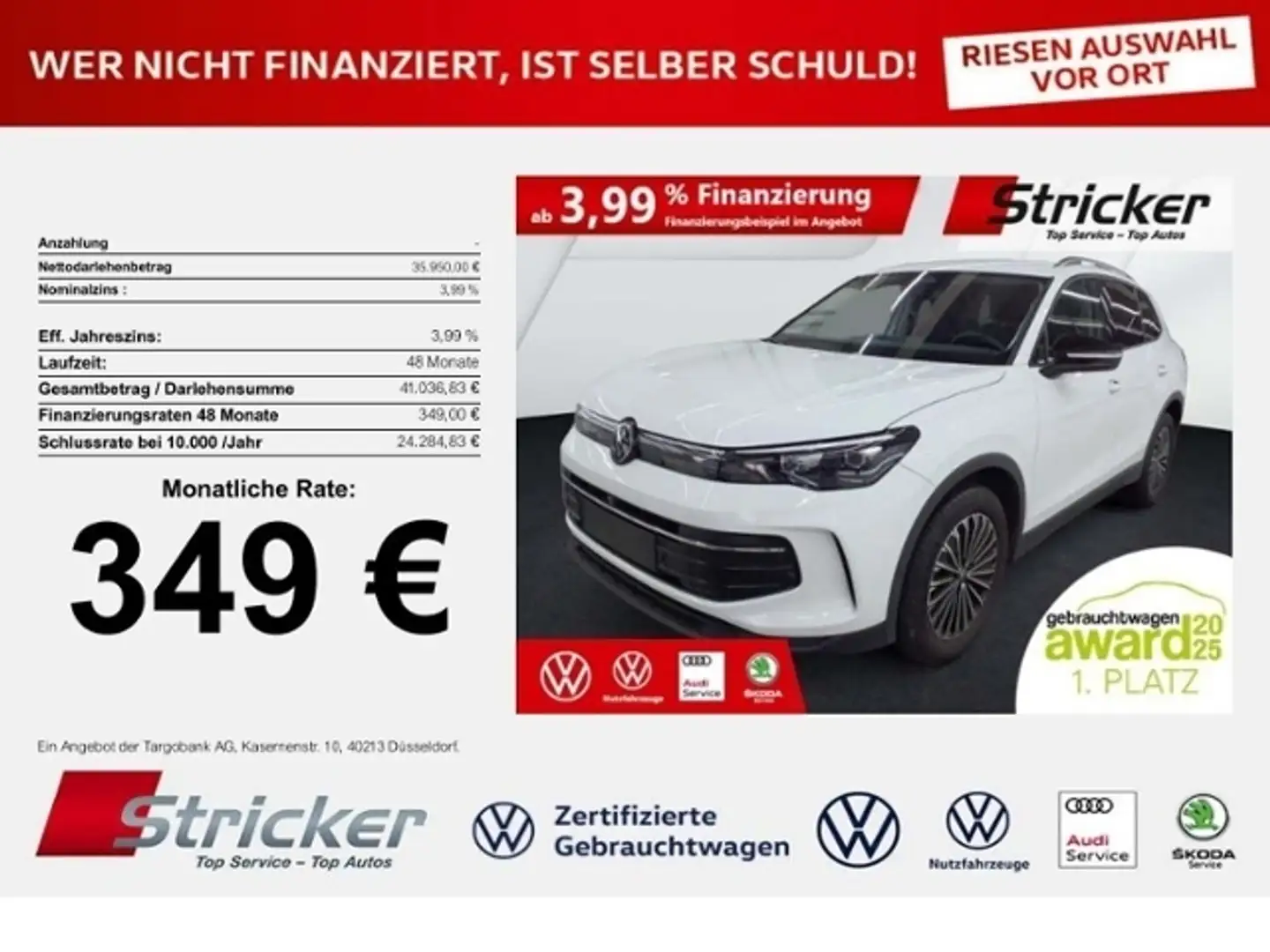 Volkswagen Tiguan Goal 2.0TDI DSG 349,-ohne Anzahlung Navi AHK Kame Weiß - 1
