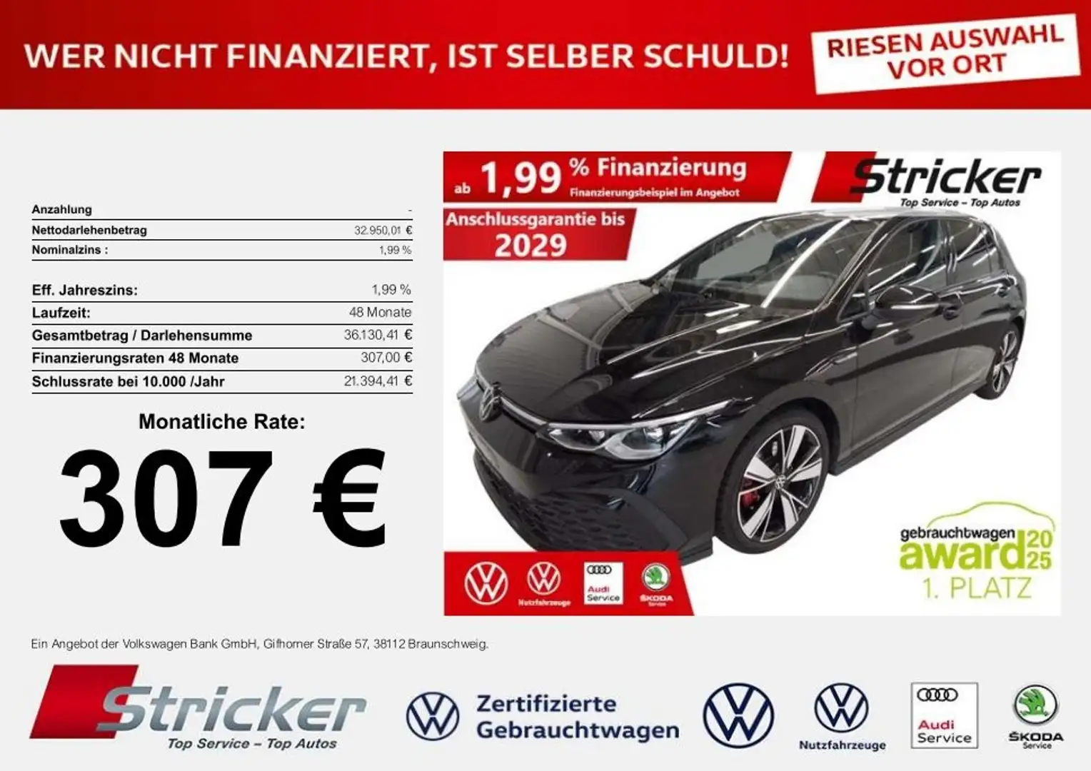 Volkswagen Golf GTD 2.0TDI DSG 307,-ohne Anzahlung App-Connect Ka Schwarz - 1