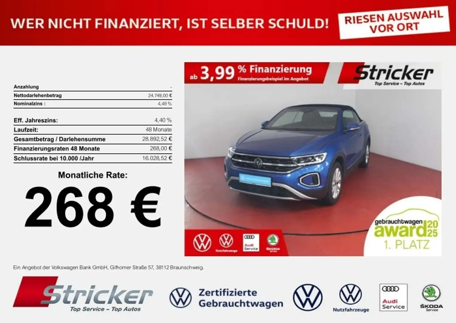 Volkswagen T-Roc Cabriolet Style 1.0TSI 268,-ohne Anzahlung Kamera Blau - 1