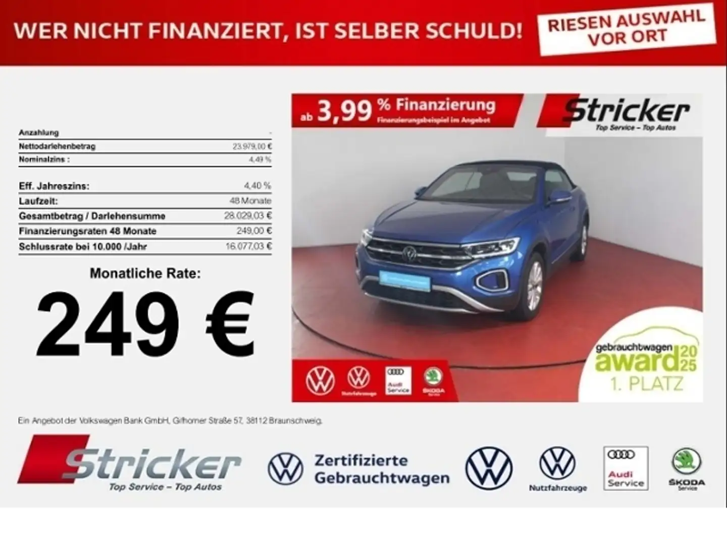 Volkswagen T-Roc Cabriolet Style 1.0TSI 249,-ohne Anzahlung Kamera Blau - 1