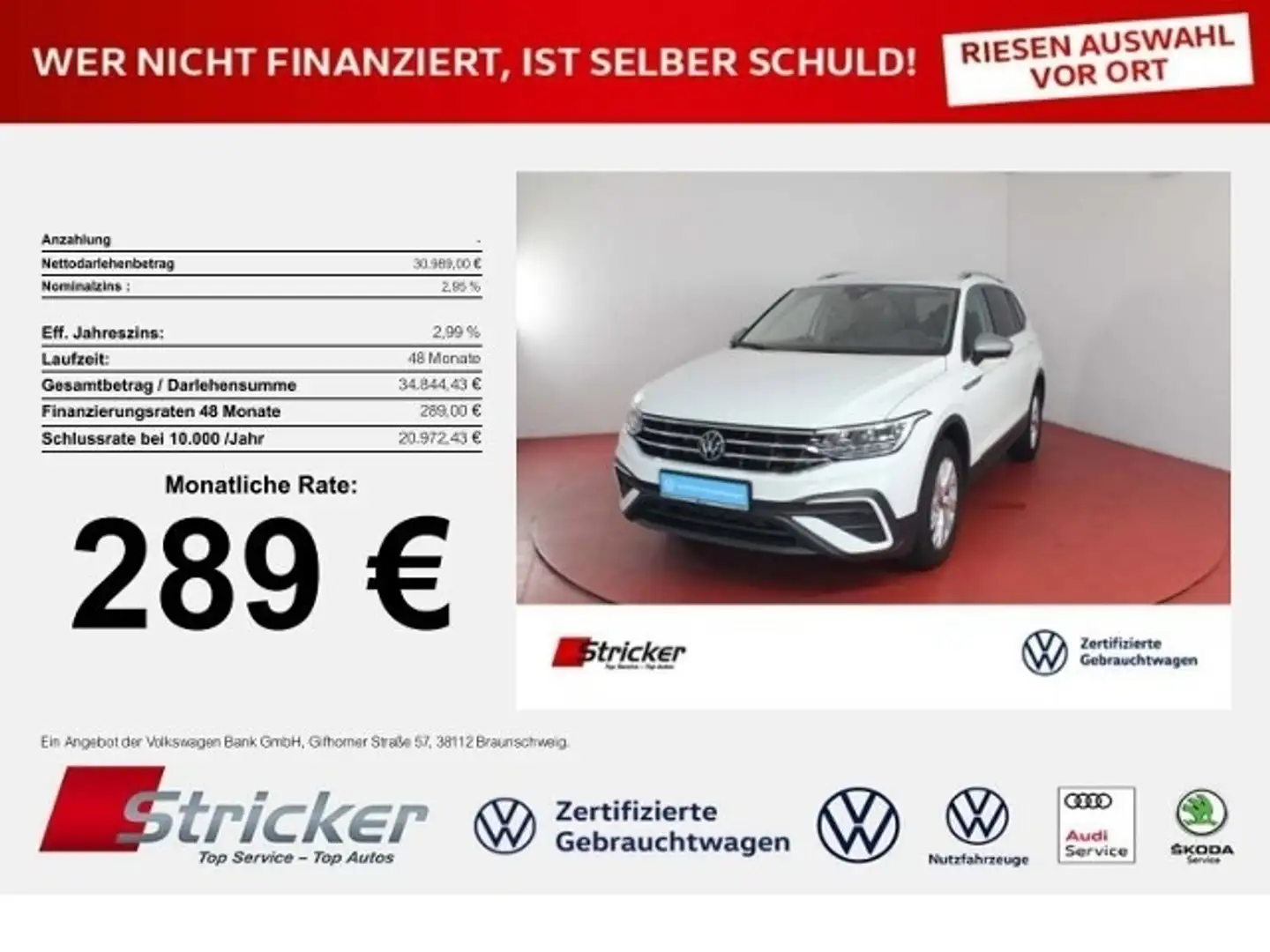 Volkswagen Tiguan Allspace Life 1.5TSI DSG 289,-ohne Anzahlung 7-Sitzer AHK Weiß - 1