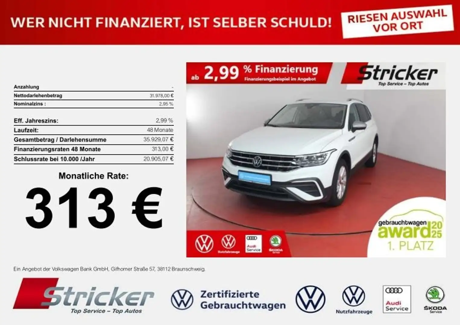 Volkswagen Tiguan Allspace Life 1.5TSI DSG 313,-ohne Anzahlung 7-Sitzer AHK Weiß - 1