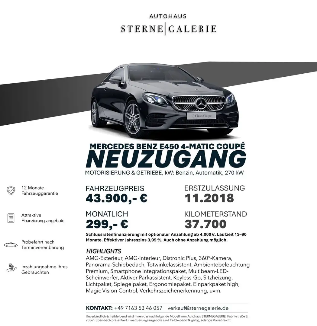 Mercedes-Benz E 450 AMG AMG-LINE/DISTRO+/360°/PANO/TOTW/KEYLES Noir - 1