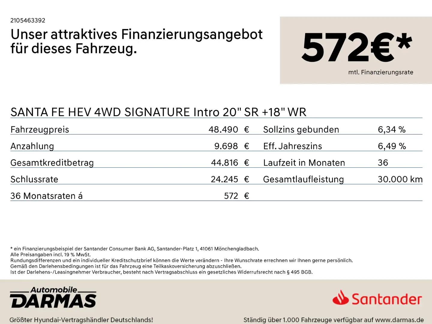 Hyundai SANTA FE SANTA FE HEV 4WD SIGNATURE Intro 20" SR +18" WR Gri - 2