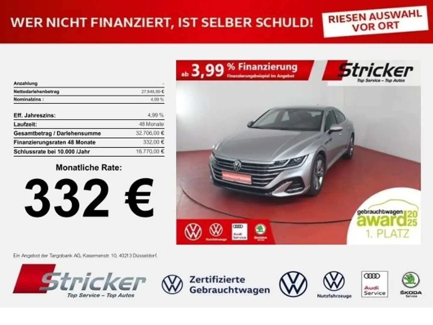 Volkswagen Arteon R-Line 1.4TSI eHybrid 332,-ohne Anzahlung ACC Nav Silber - 1