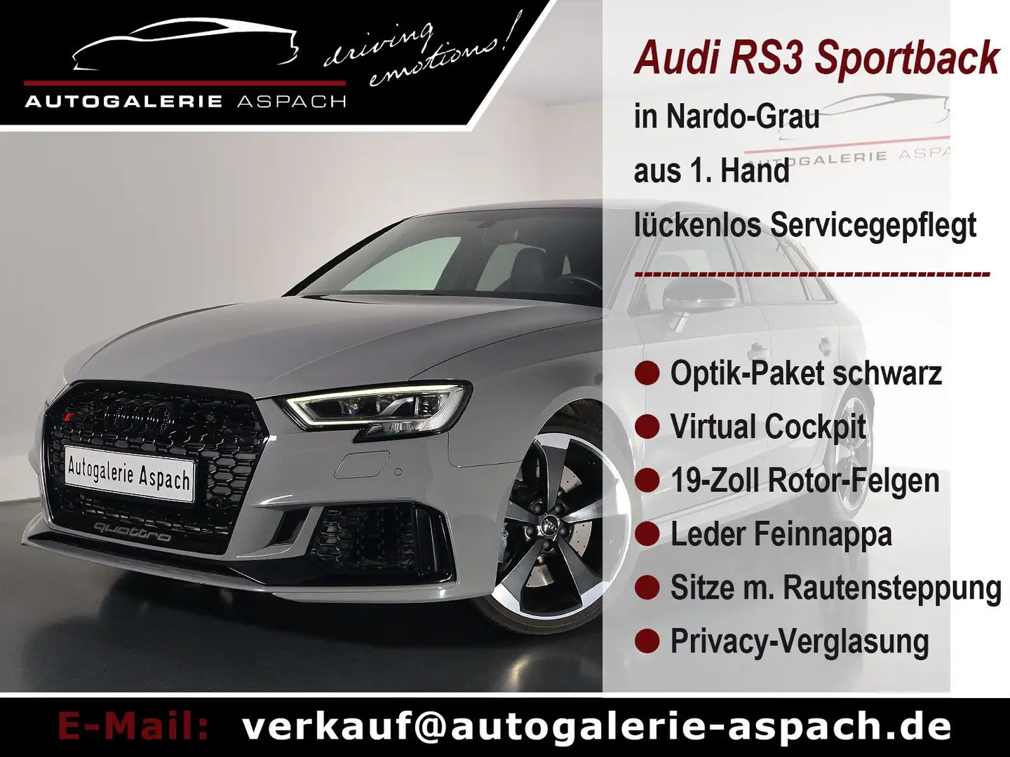 Audi RS3 Sportback|B&O|AdKey|VirtualC|Rauten|OptikPak Сірий - 1