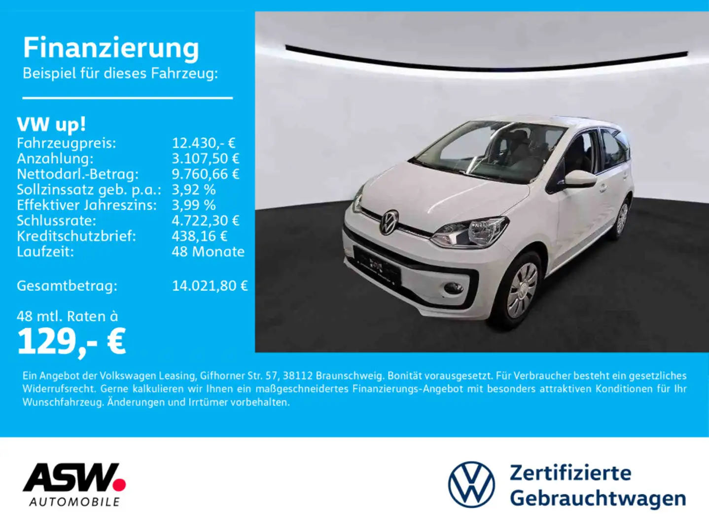 Volkswagen up! move up! 1.0 MPI Climatronic RFK SHZ PDC Weiß - 1