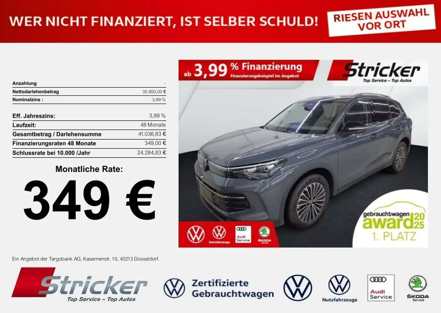 Volkswagen Tiguan Goal 2.0TDI DSG 349,-ohne Anzahlung Navi AHK Kame Grau - 2