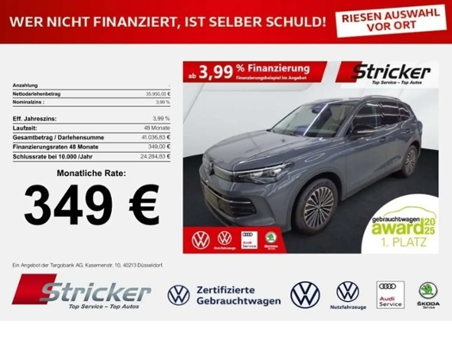 Volkswagen Tiguan Goal 2.0TDI DSG 349,-ohne Anzahlung Navi AHK Kame Grau - 1