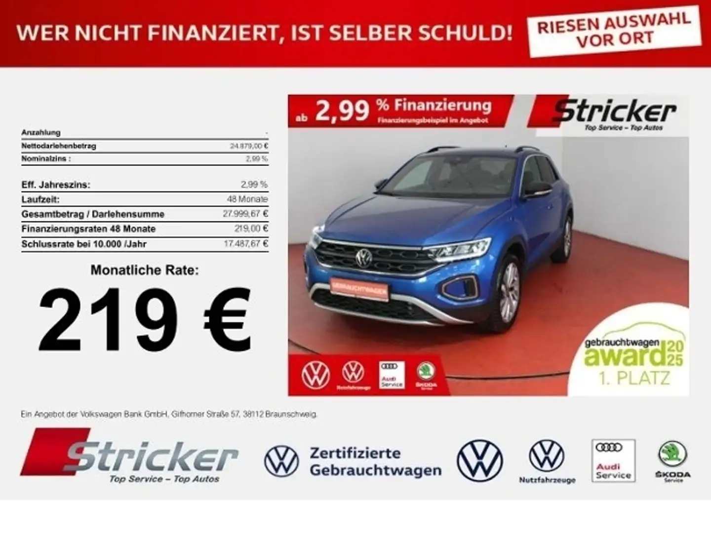 Volkswagen T-Roc Goal 2.0TDI 219,-ohne Anzahlung Travel App-Connec Blau - 1