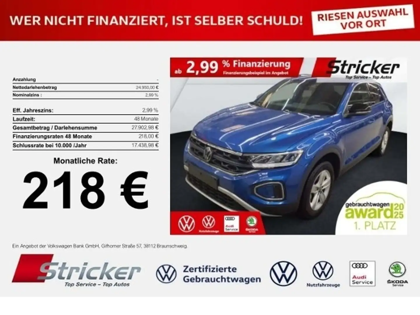 Volkswagen T-Roc Goal 2.0TDI 218,-ohne Anzahlung Travel App-Connec Blau - 1