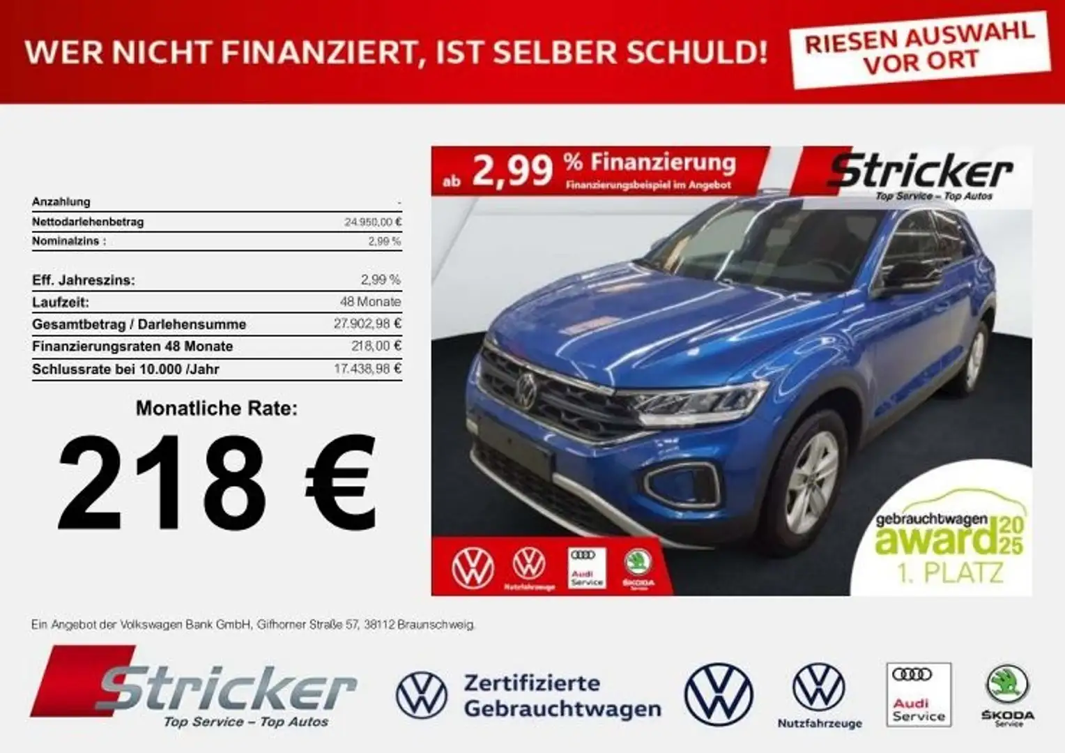 Volkswagen T-Roc Goal 2.0TDI 218,-ohne Anzahlung Travel App-Connec Blau - 2