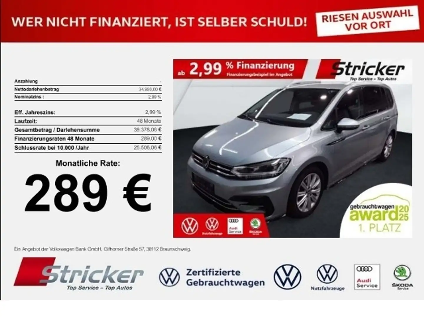 Volkswagen Touran R-Line 1.5TSI 289,-ohne Anzahlung Navi Kamera Tra Silber - 1