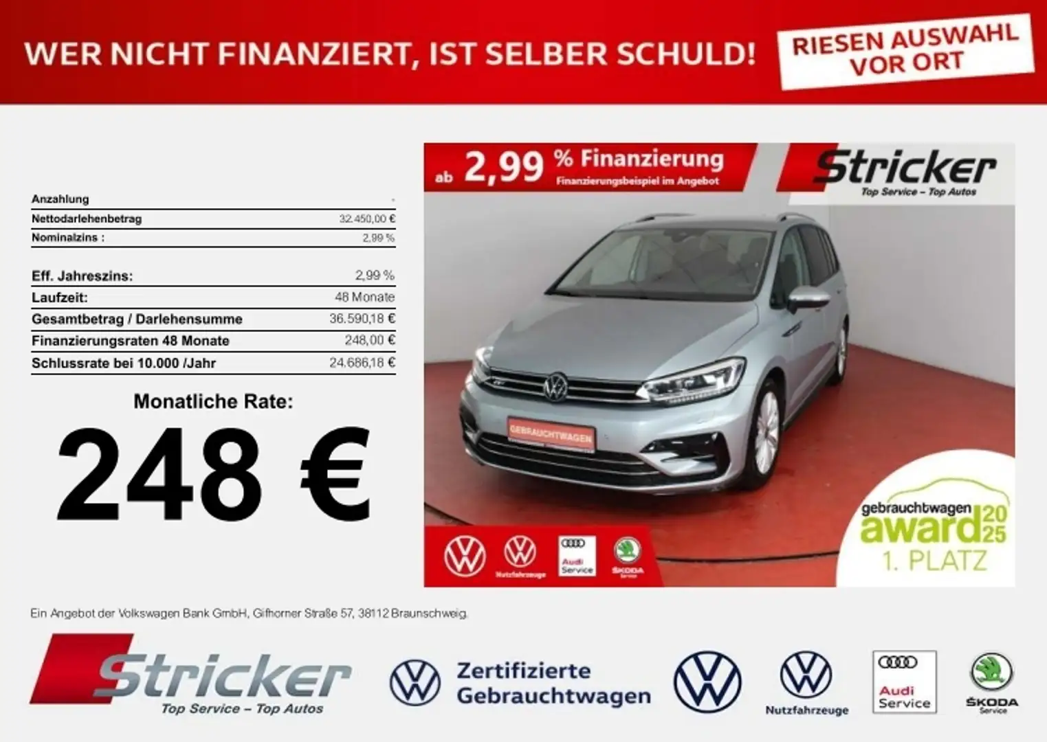 Volkswagen Touran R-Line 1.5TSI 248,-ohne Anzahlung Navi Kamera Tra Silber - 1