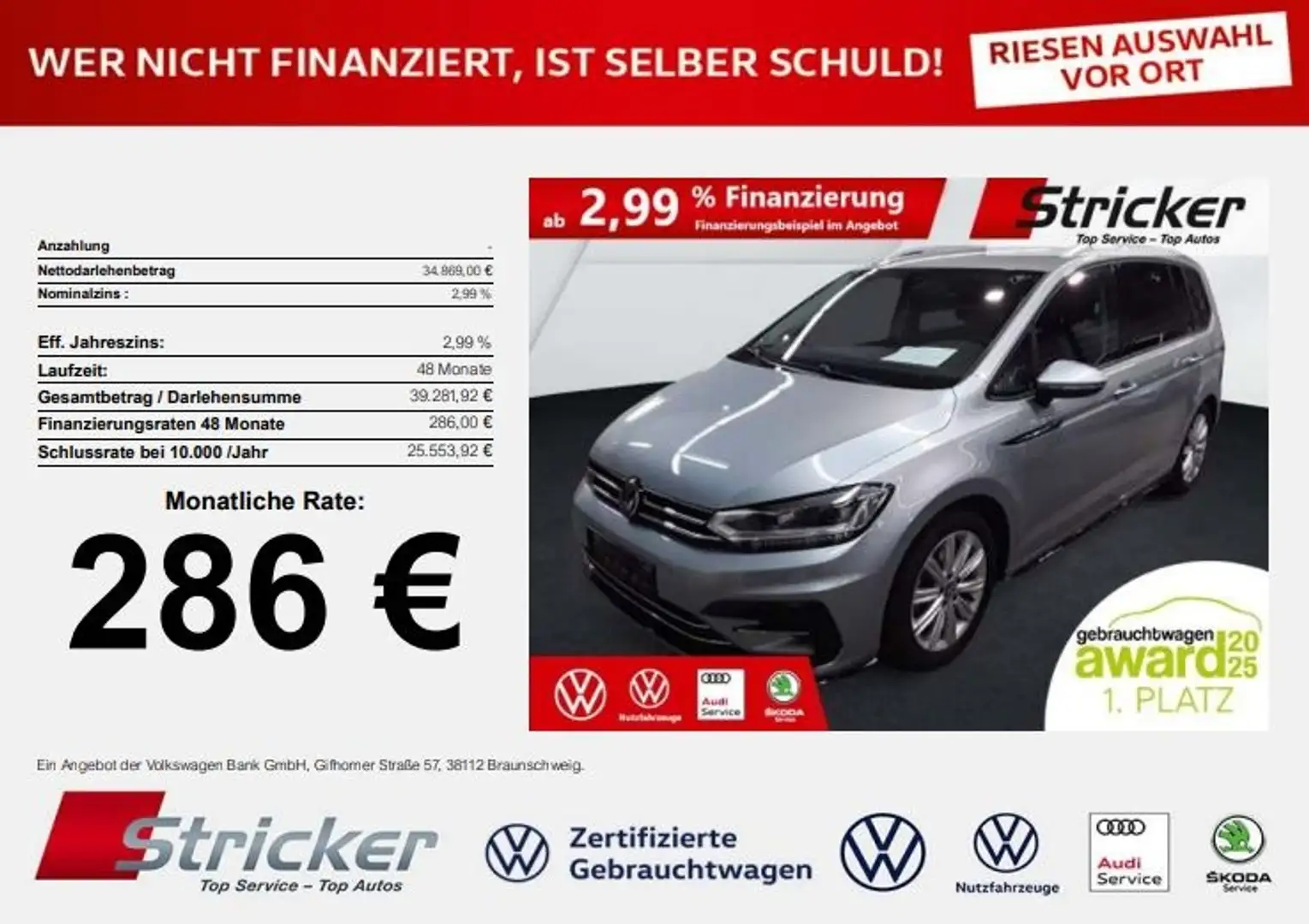 Volkswagen Touran R-Line 1.5TSI 286,-ohne Anzahlung Navi Kamera Tra Silber - 1