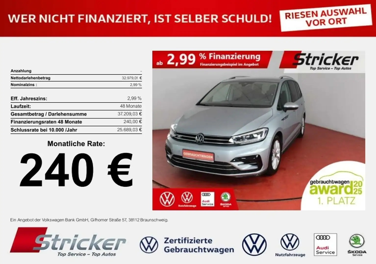 Volkswagen Touran R-Line 1.5TSI 240,-ohne Anzahlung Navi Kamera Tra Silber - 1