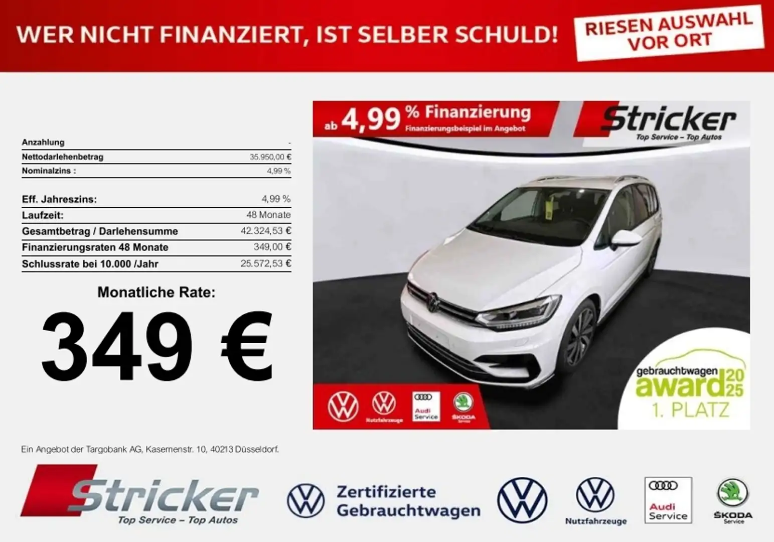Volkswagen Touran R-Line 2.0TDI DSG 349,-ohne Anzahlung App-Connect Weiß - 1