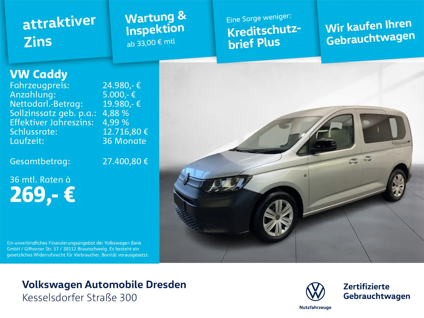 Volkswagen Caddy Kombi  2.0 TDI DSG ACC Kamera Silber - 1
