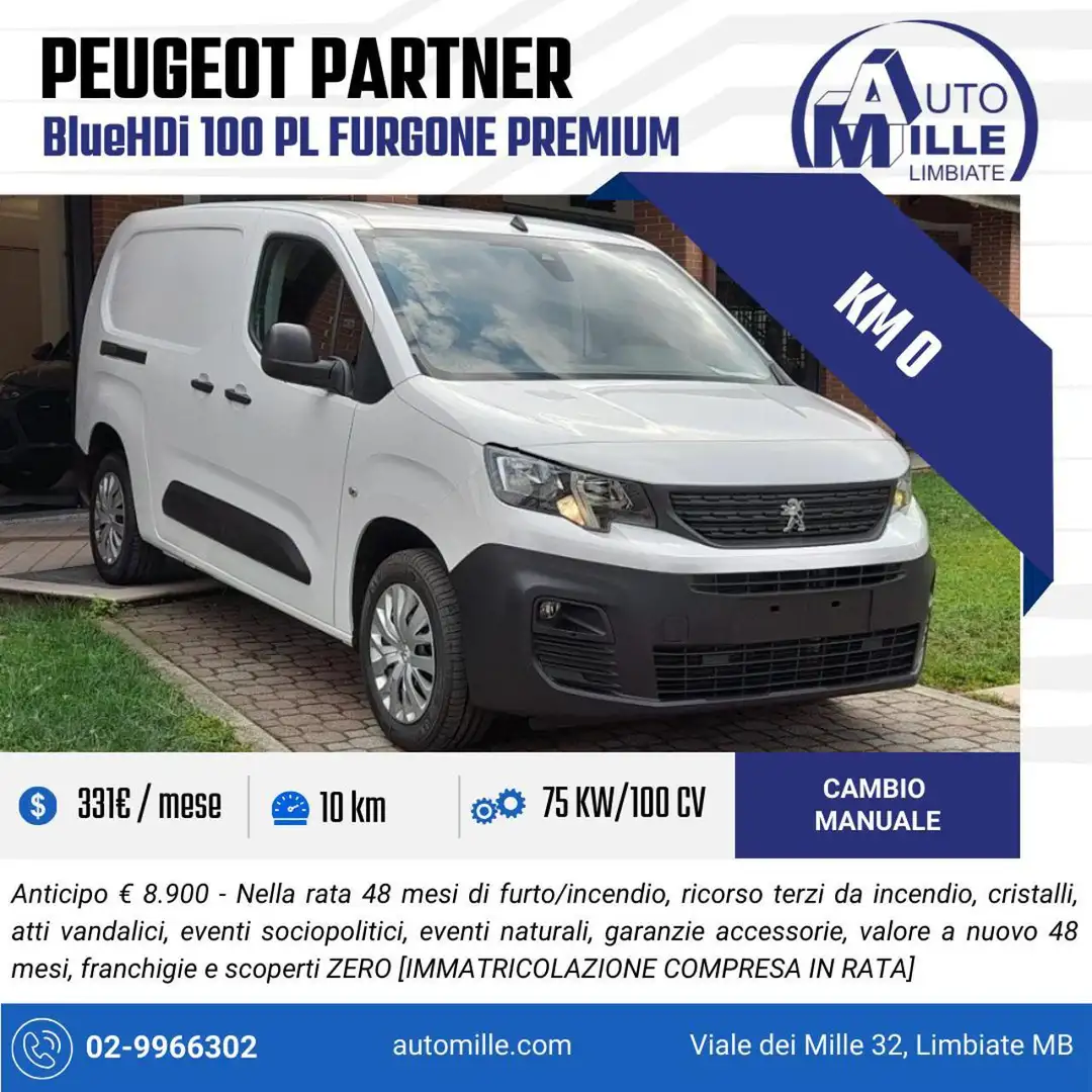 Peugeot Partner BlueHDi 100 PL Furgone Premium Bianco - 1
