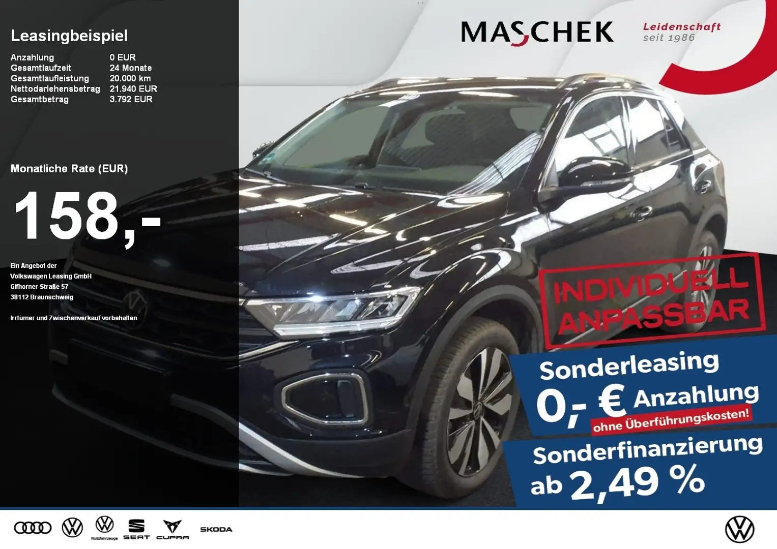 Volkswagen T-Roc Goal 1.0 TSI Sonderleasing ohne zzgl Kosten! Navi Schwarz - 1