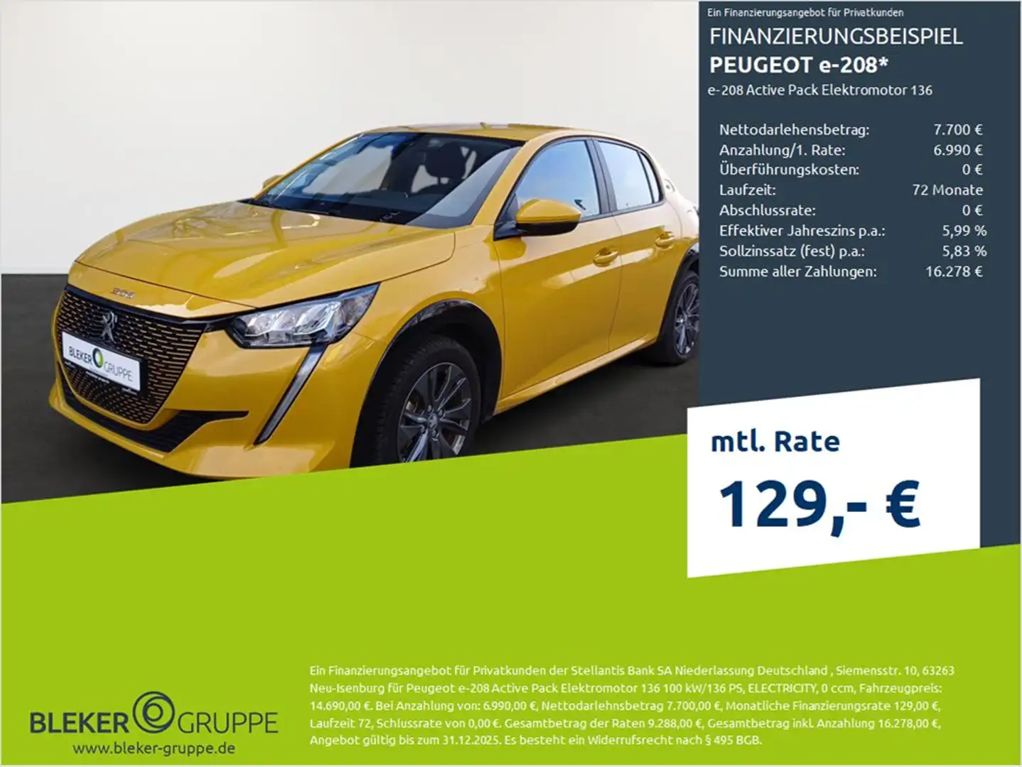 Peugeot e-208 e-208 Active Pack Elektromotor 136 Gelb - 1