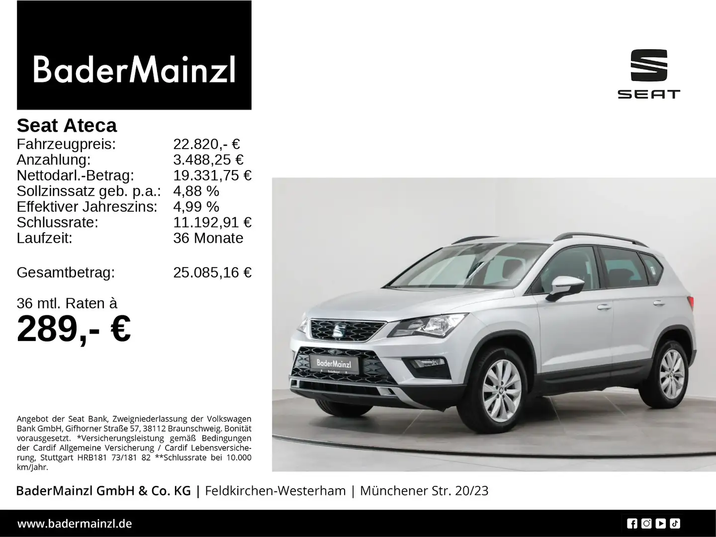 SEAT Ateca 2.0 TDI DSG Style AHK 360° Navi Beats LED Silber - 1