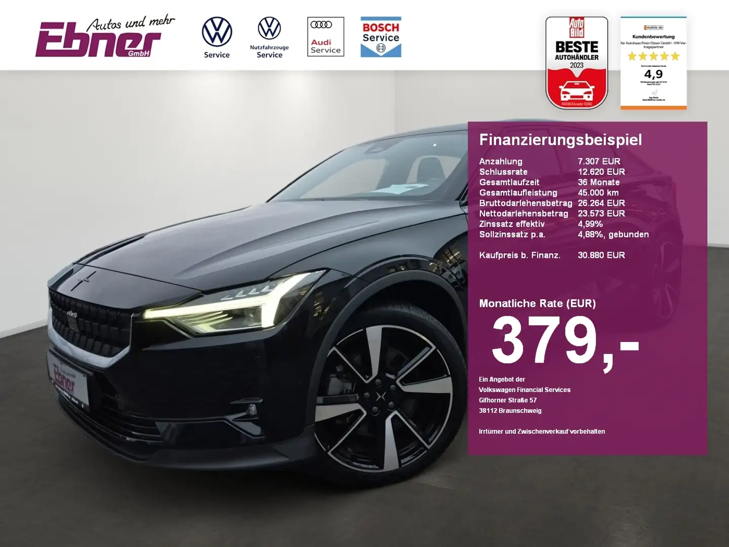Polestar 2 LONG RANGE DUAL 4x4 PANO+H&K-SOUND+360GRAD+MEMORY+ Schwarz - 1