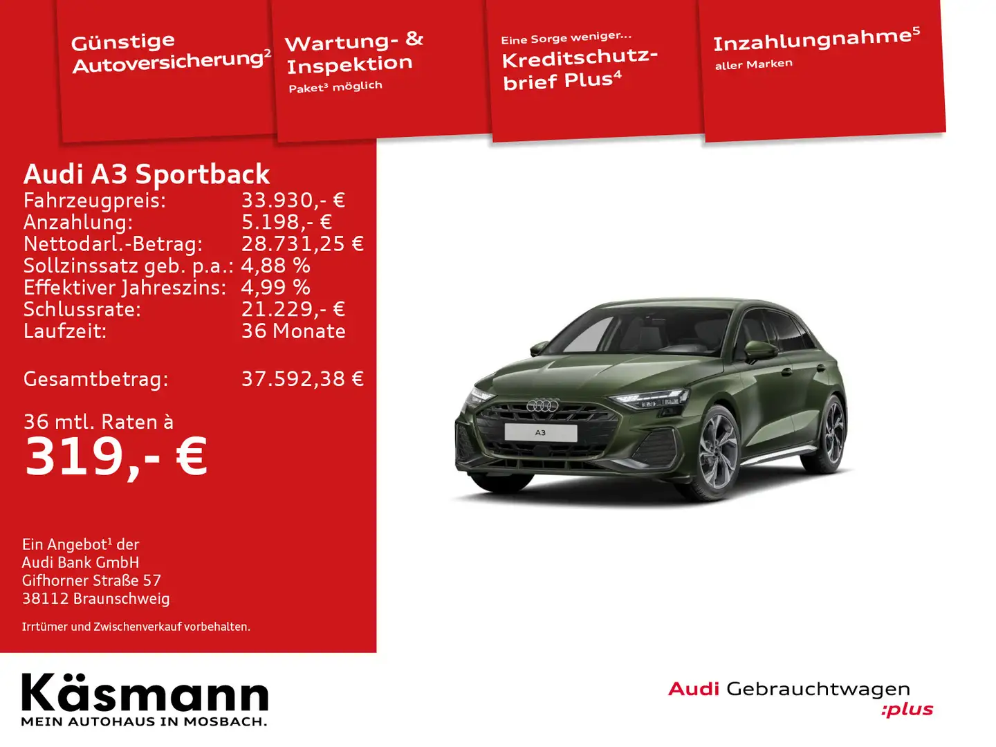 Audi A3 S line 30TFSI LED KAM ACC SMARTINTE Grün - 1