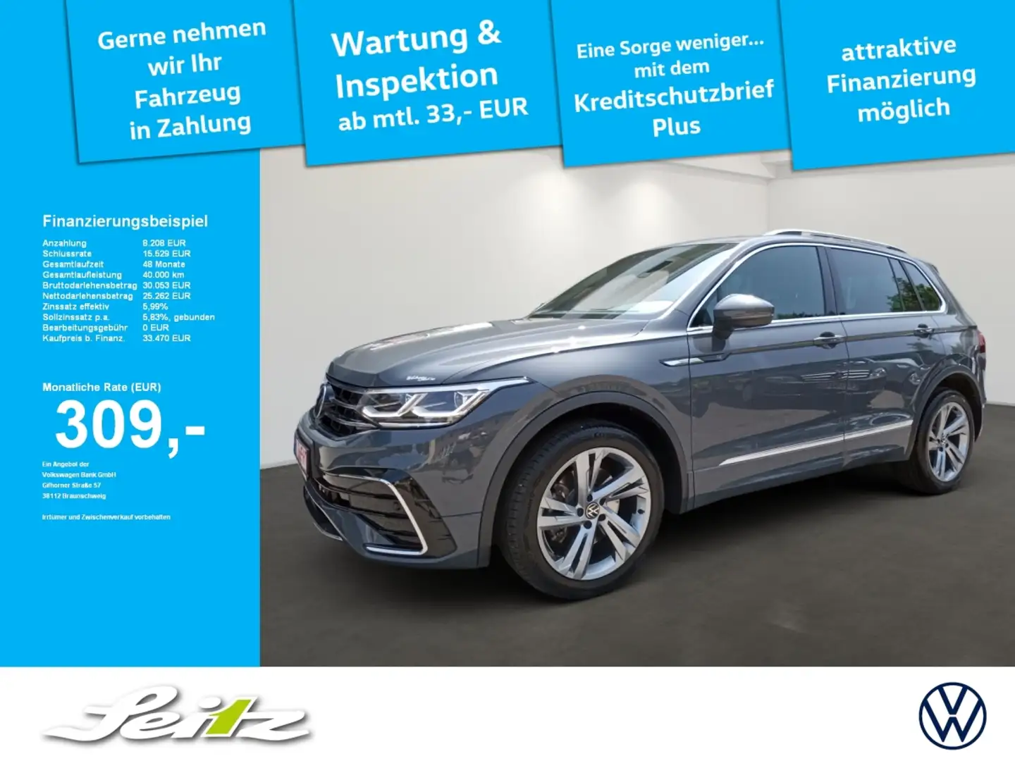 Volkswagen Tiguan 2.0 TDI DSG R-Line 4Motion AHK. Matric LED-Scheinw Grau - 1