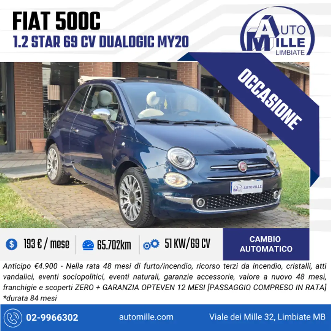Fiat 500C 500C 1.2 Star 69cv dualogic my20 Bleu - 1