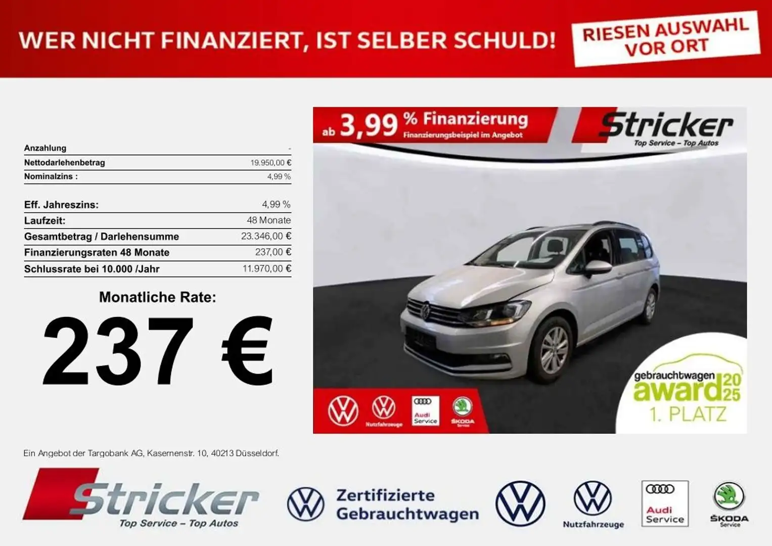 Volkswagen Touran Comfortline 2.0TDI 237,-ohne Anzahlung Navi Bluet Silber - 1