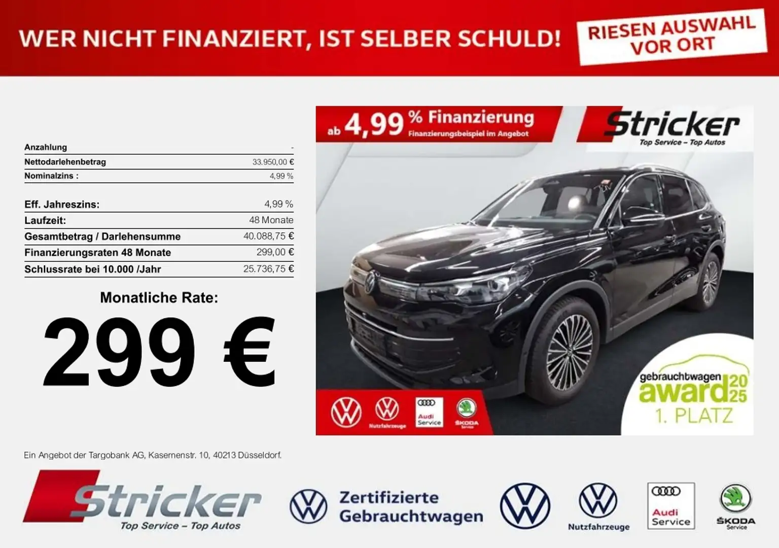 Volkswagen Tiguan Goal 1.5eTSI DSG 299,-ohne Anzahlung Navi AHK Kam Schwarz - 1