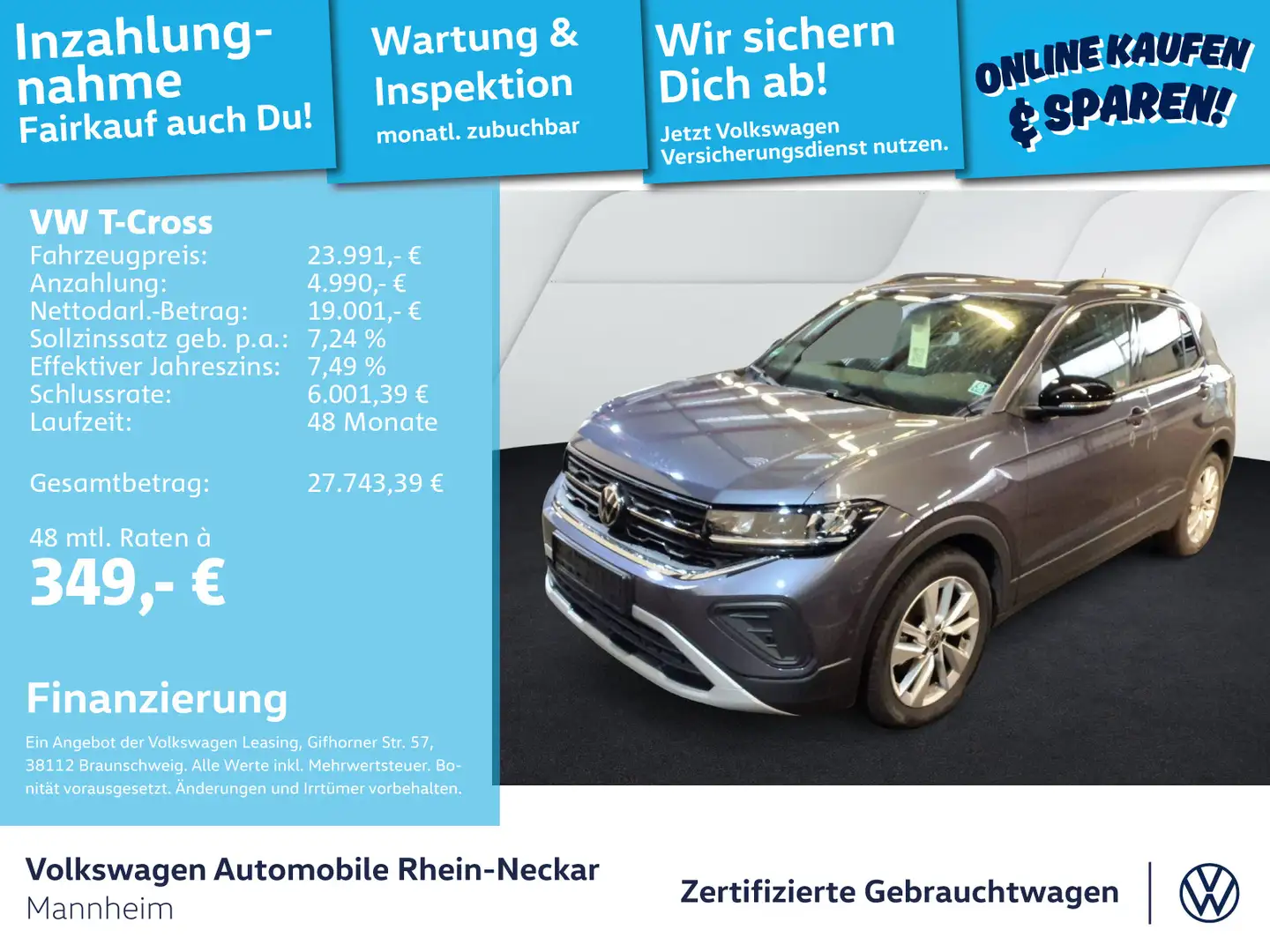 Volkswagen T-Cross 1.0 TSI Goal DSG Navi AHK LED uvm Grau - 1