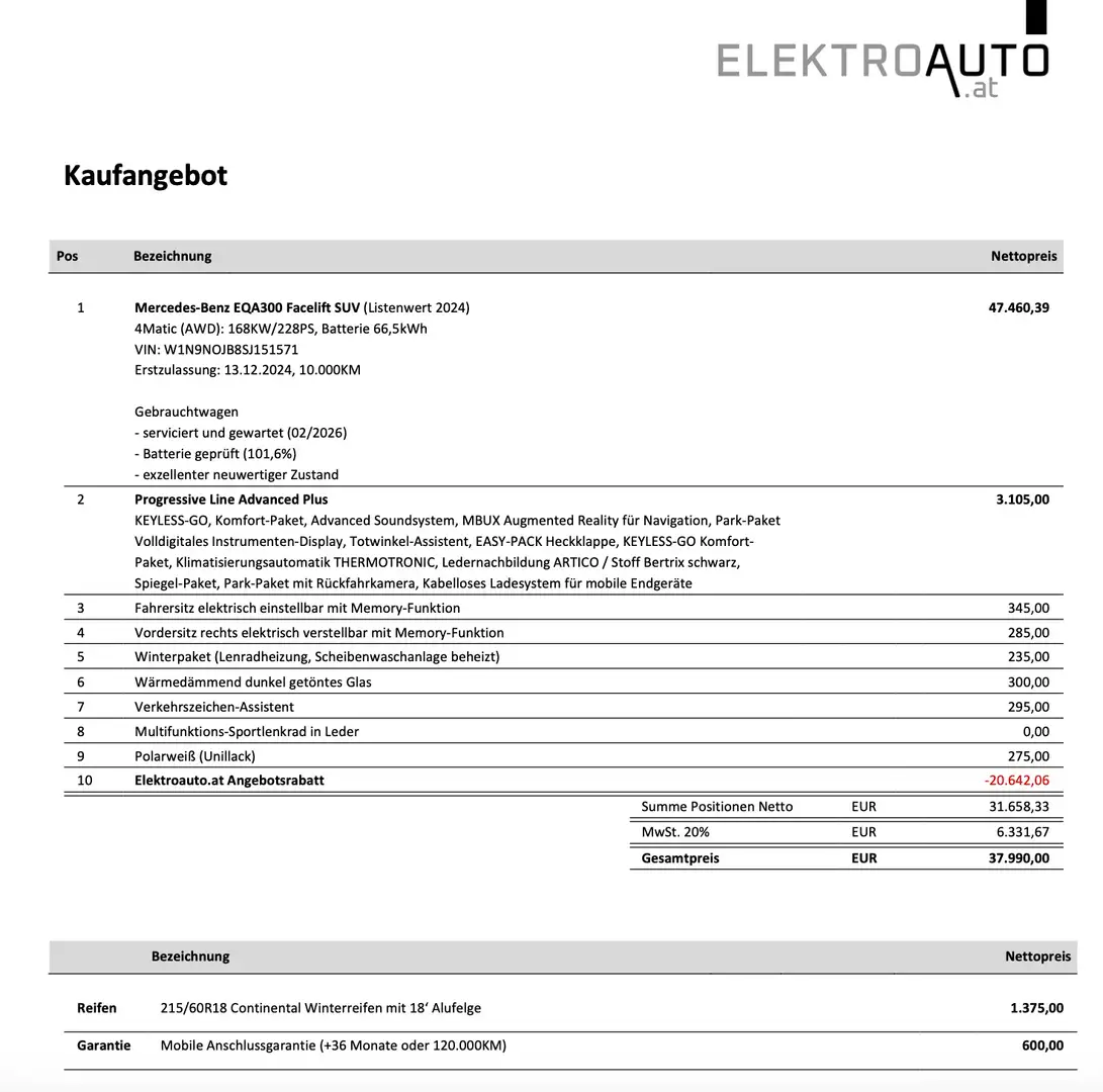 Mercedes-Benz EQA 300 4matic. 5.811 EUR Ausstattungsextras. 101,6% SOH Weiß - 2