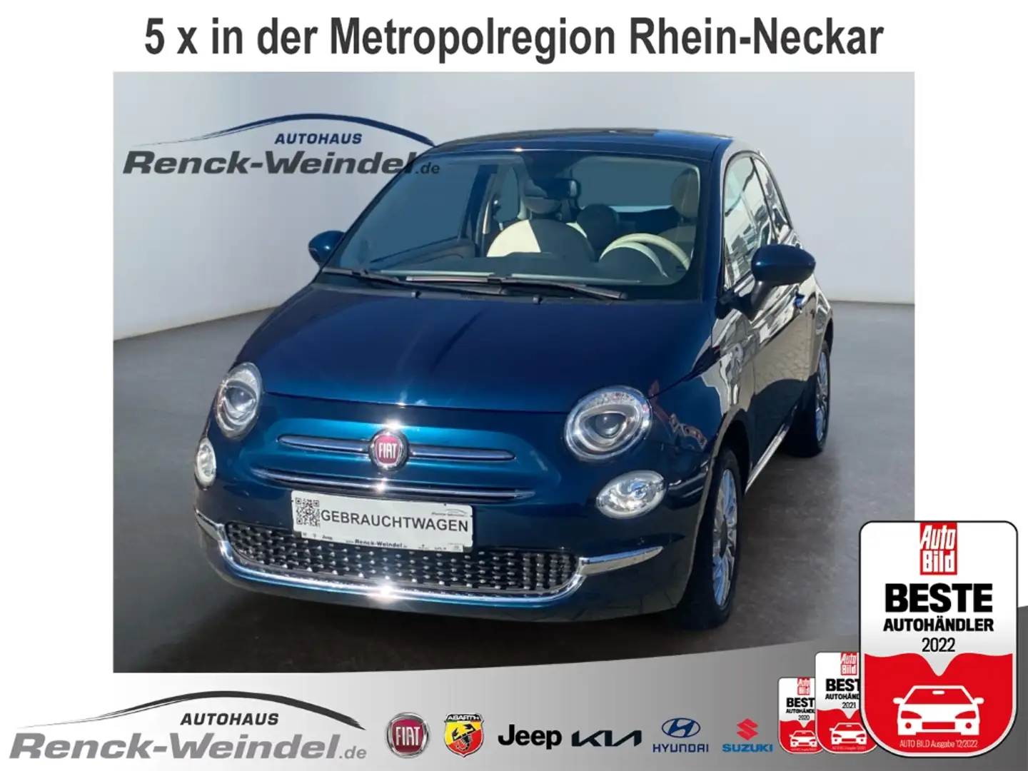 Fiat 500 Lounge 1.2 El. Panodach Klimaautom PDC Kom-paket T Blau - 1
