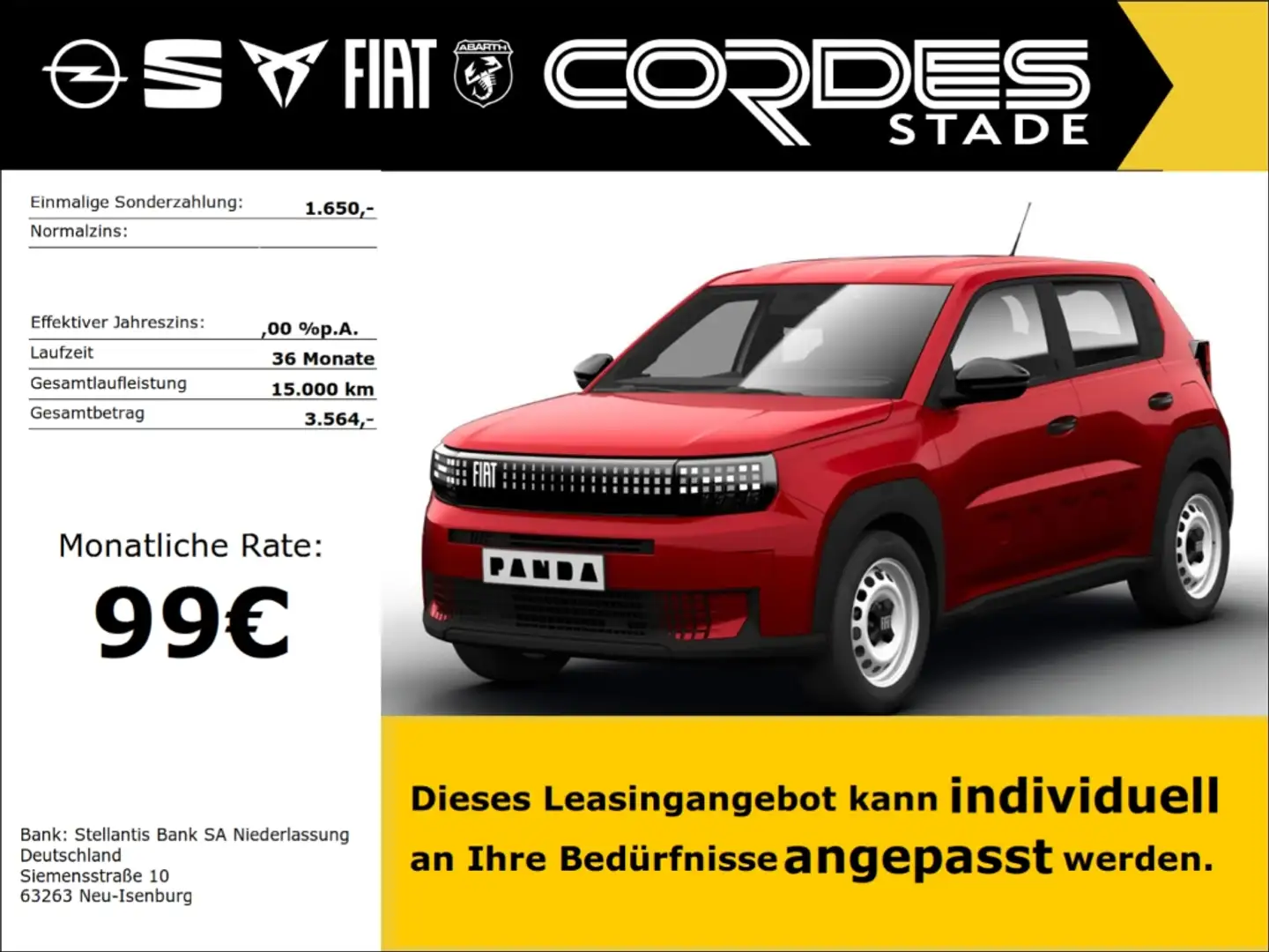 Fiat Grande Panda RED Sonderleasing 99 € 1.650 € Anzahlung 36 Monate Rouge - 1