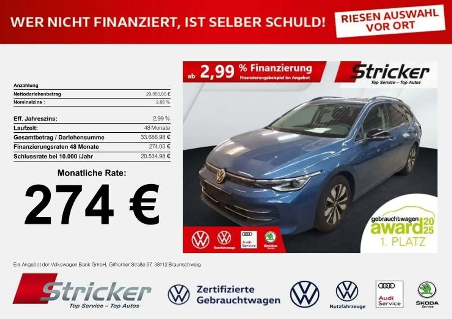 Volkswagen Golf Variant Variant GOAL 2.0TDI DSG 274,-ohne Anzahlung Navi Blau - 1