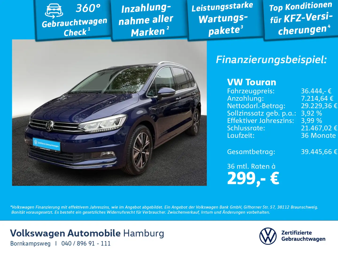 Volkswagen Touran 2.0 TDI Highline DSG AHK Navi LED Blau - 1