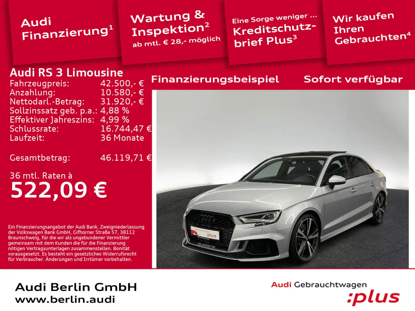 Audi RS3 S tronic MATRIX NAVI ACC PANO Silber - 1