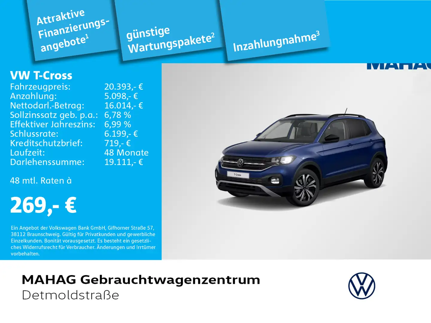 Volkswagen T-Cross 1.0 TSI LIFE AHK Navi Kamera Alu17Manila Blau - 1