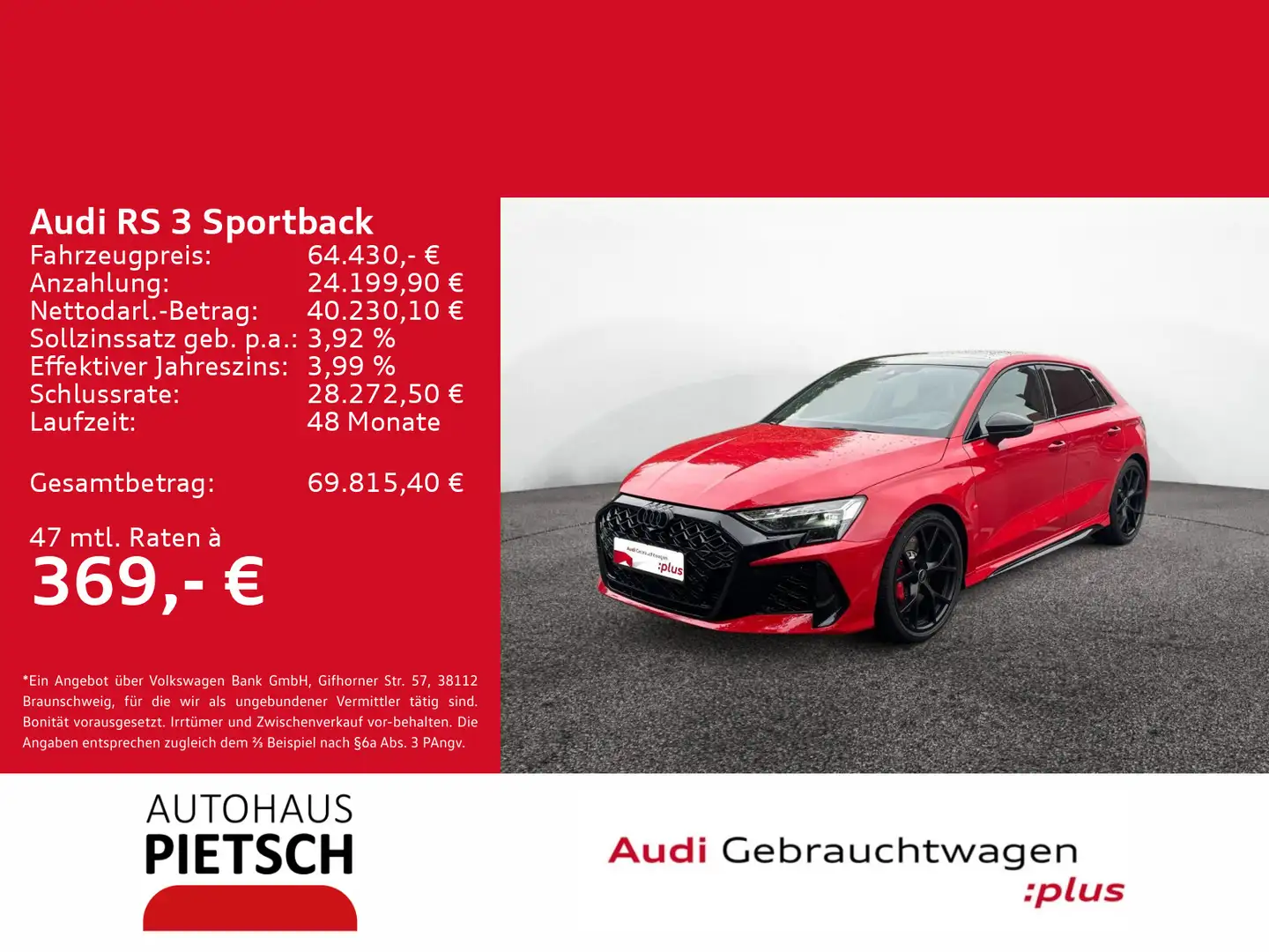 Audi RS3 RS3 Sportback quattro Sonos Pano. MMI+ 280km/h Rot - 1