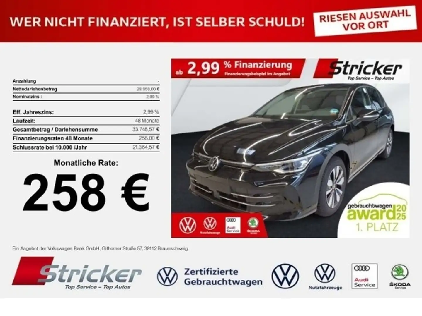 Volkswagen Golf GOAL 2.0TDI DSG 258,-ohne Anzahlung Navi AHK Kame Noir - 1