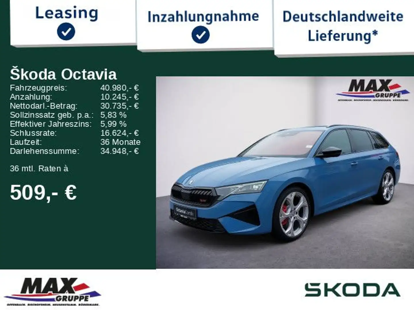 Skoda Octavia Combi 2.0TSI RS MATRIX-LED*HUD*KAM*CPLAY Bleu - 1